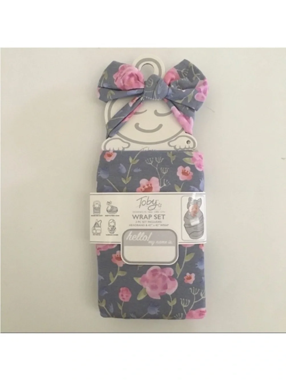 Toby Swaddle 2 Piece Blanket Wrap and Bow Headband Set Pink Blue One Size